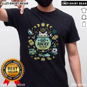Funny witch cat at work graphic tee with Go Away I'm Busy text, perfect for cat lovers and Halloween enthusiasts.