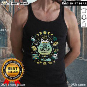 Alt Text: Funny witch cat at work on a tank top saying Go Away, I'm Busy - perfect for cat lovers and Halloween enthusiasts.