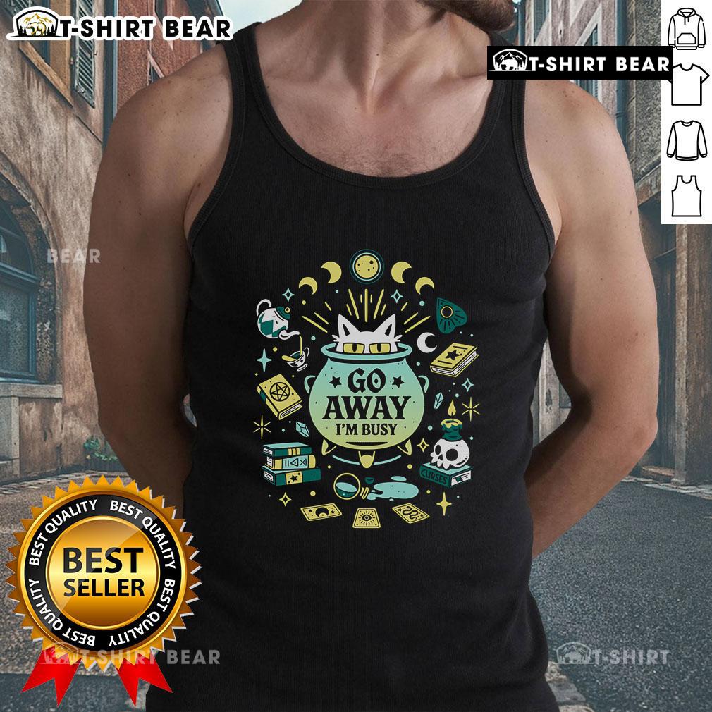 Alt Text: Funny witch cat at work on a tank top saying Go Away, I'm Busy - perfect for cat lovers and Halloween enthusiasts.