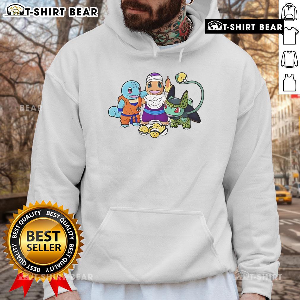 Colorful hoodie featuring Squirtle, Goku, Charmander, Piccolo, Bulbasaur, and Cell from Dragon Ball and Pokmon.
