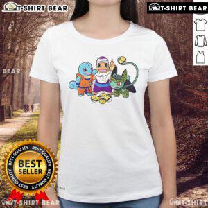 Colorful ladies tee featuring Good Squirtle, Goku, Charmander, Piccolo, Bulbasaur, and Cell from Dragon Ball and Pokemon.