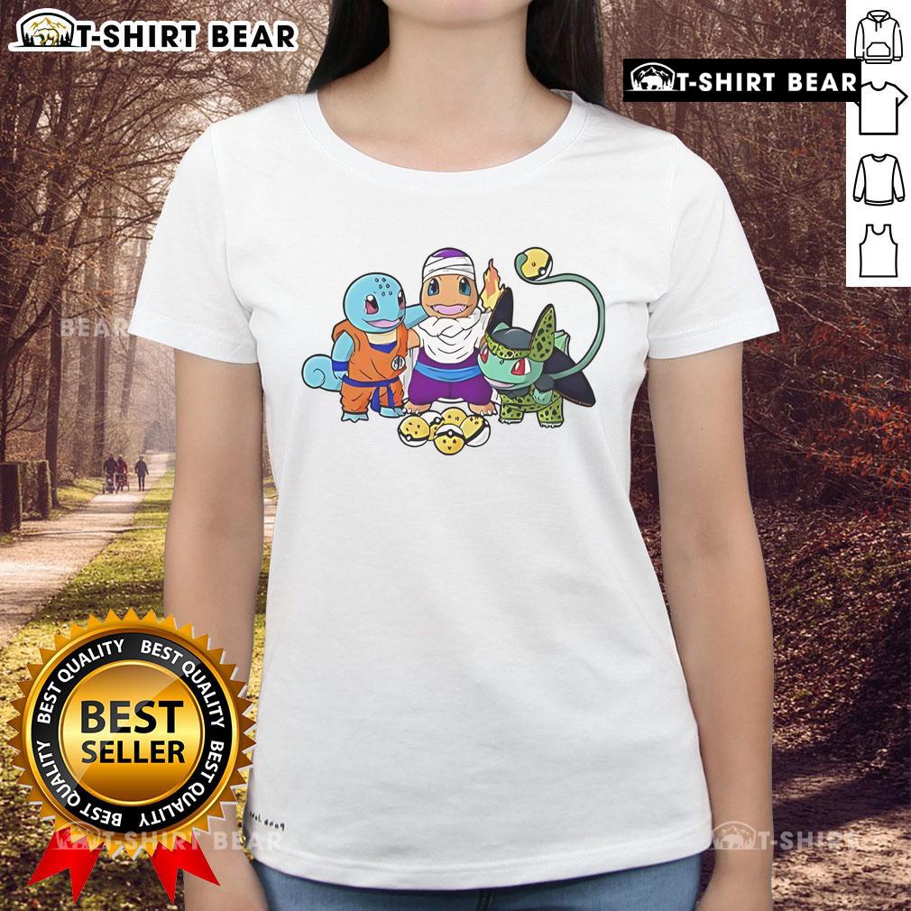 Colorful ladies tee featuring Good Squirtle, Goku, Charmander, Piccolo, Bulbasaur, and Cell from Dragon Ball and Pokemon.