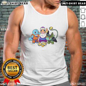 Colorful tank top featuring Squirtle, Goku, Charmander, Piccolo, Bulbasaur, and Cell from Dragon Ball and Pokemon.