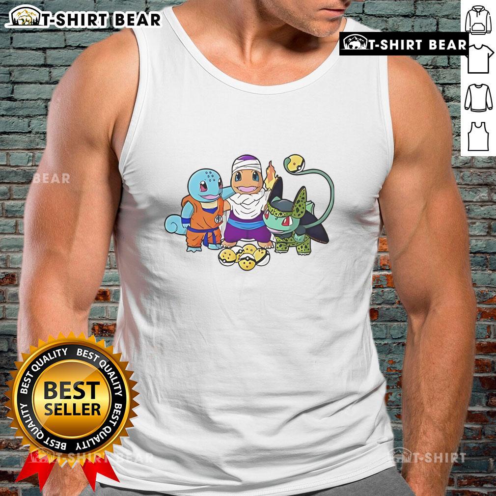 Colorful tank top featuring Squirtle, Goku, Charmander, Piccolo, Bulbasaur, and Cell from Dragon Ball and Pokemon.