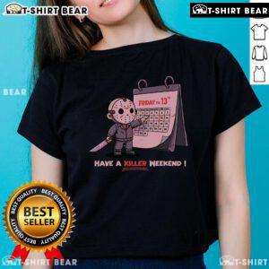 Happy Friday the 13th graphic tee for ladies, featuring spooky design perfect for a killer weekend celebration.