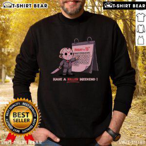 Happy Friday the 13th sweatshirt featuring spooky graphics, perfect for a killer weekend vibe and Halloween enthusiasts.