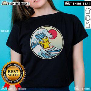 Happy Pikachu Thunder Wave graphic on a cute ladies' tee, perfect for Pokemon fans and casual wear.