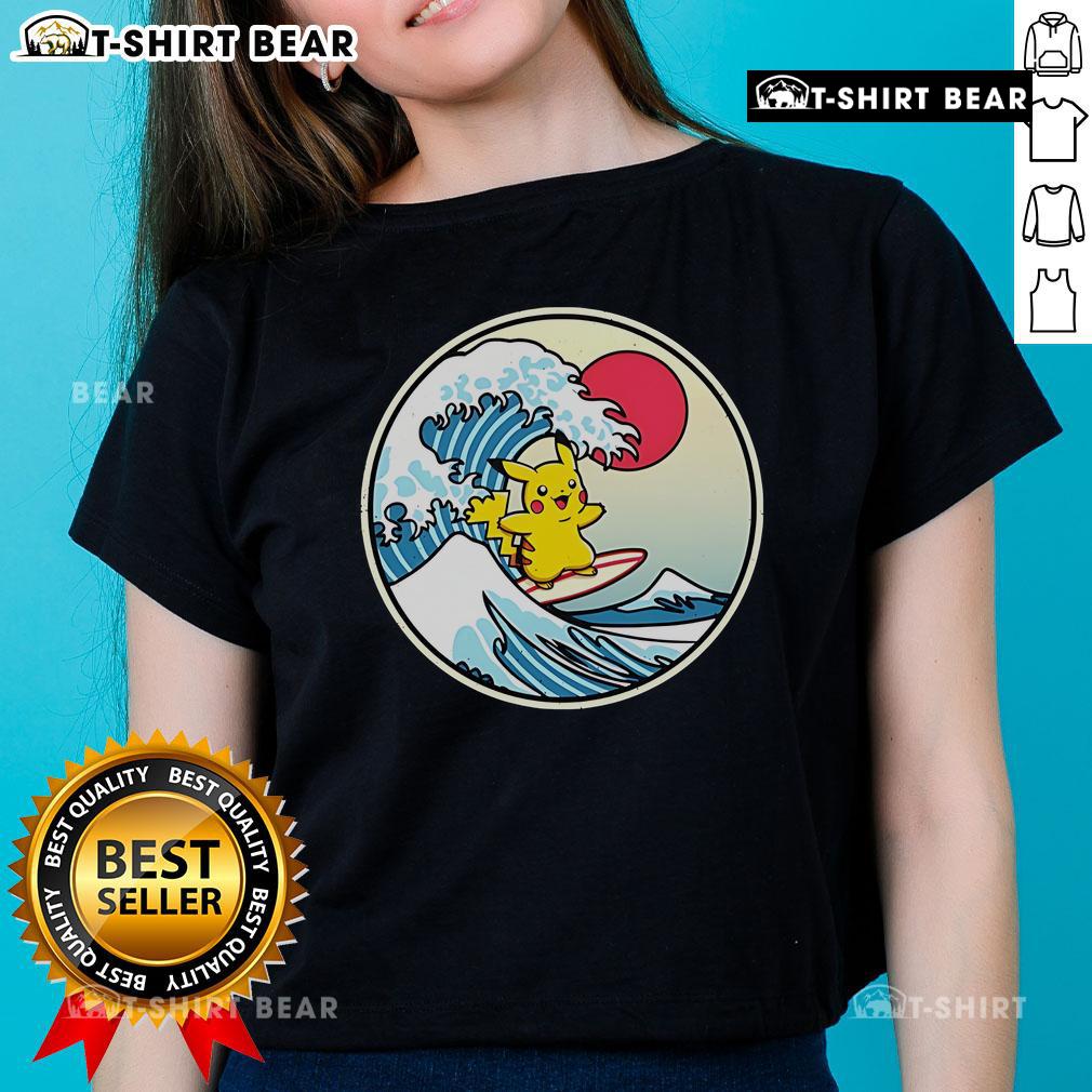 Happy Pikachu Thunder Wave graphic on a cute ladies' tee, perfect for Pokemon fans and casual wear.