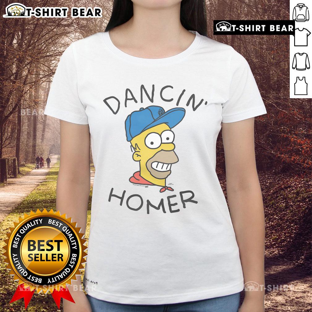 Dancin' Homer graphic on a ladies tee from The Simpsons, featuring vibrant colors and fun character design.