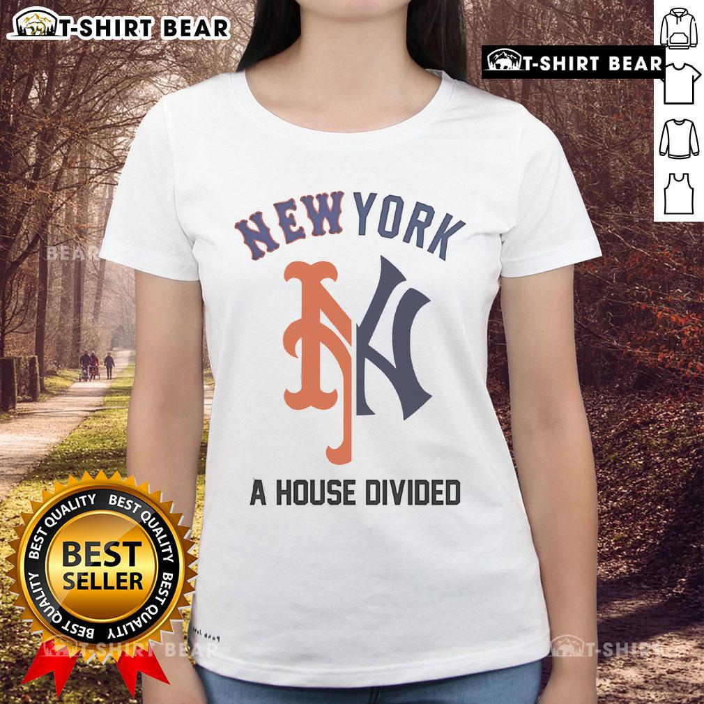 Official 2025 Yankees x Mets A House Divided Subway Series ladies tee featuring team logos and stylish design.