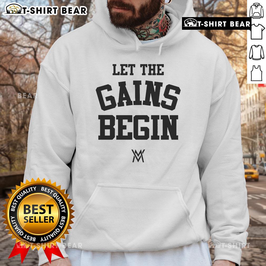 Official Calum Von Moger 'Let The Gains Begin' hoodie in black, perfect for fitness enthusiasts and fans.