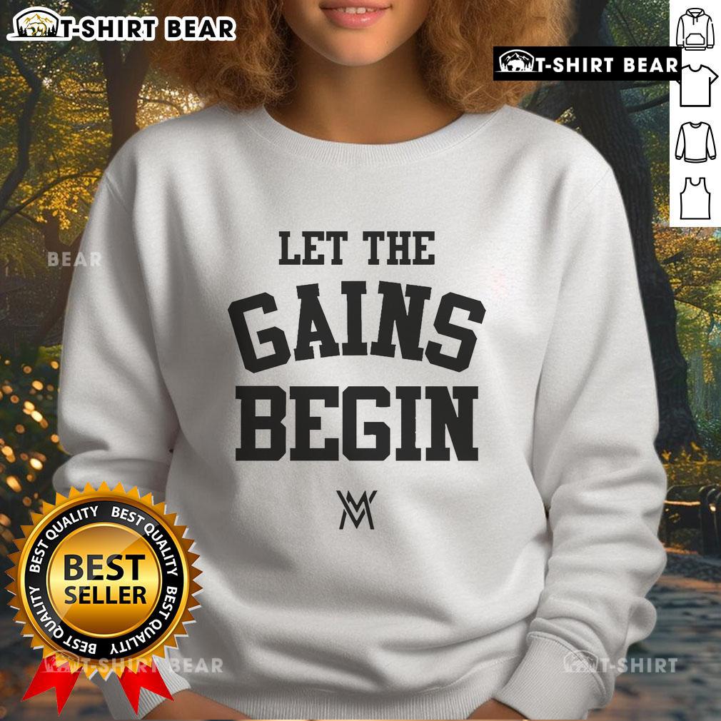 Calum Von Moger 'Let The Gains Begin' sweatshirt featuring a stylish design for fitness enthusiasts.