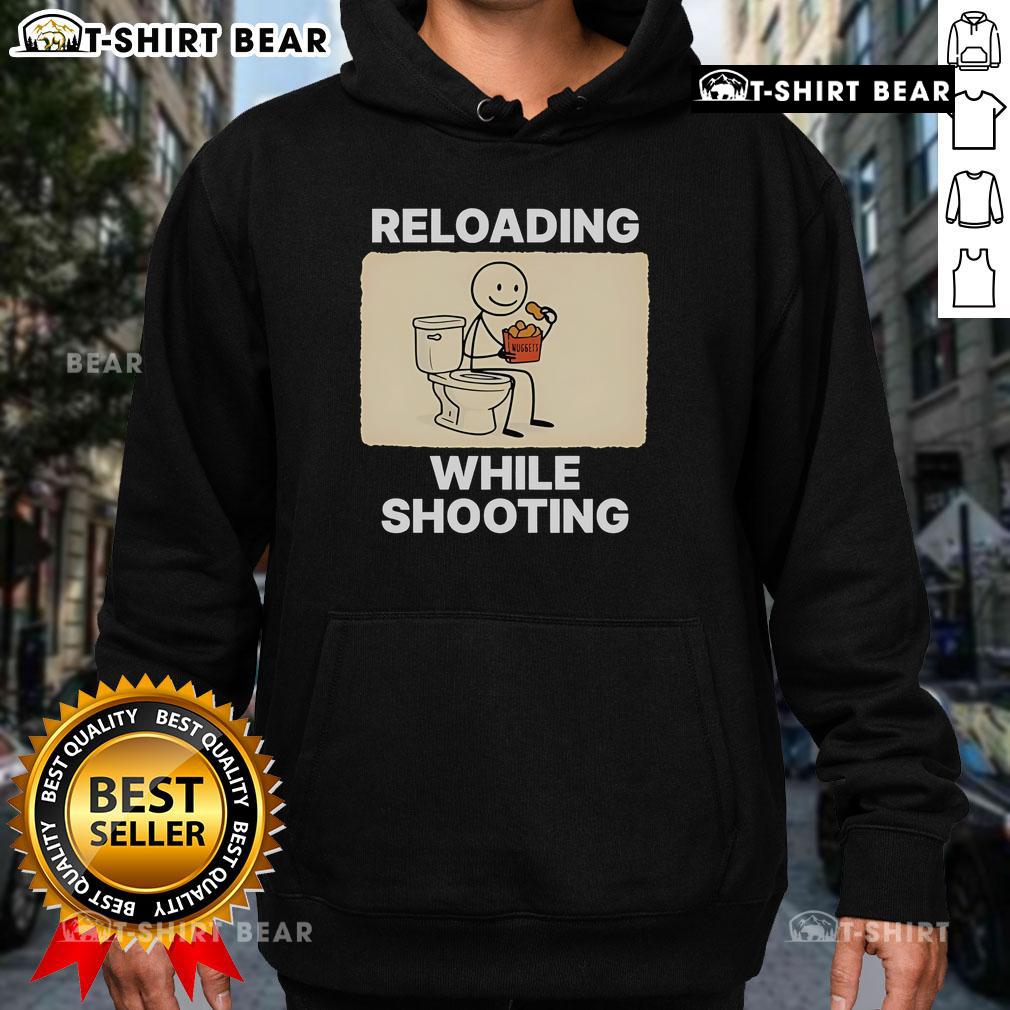 Alt Text: Official Reloading While Shooting Toilet Humor Hoodie featuring a humorous graphic, perfect for shooting enthusiasts.
