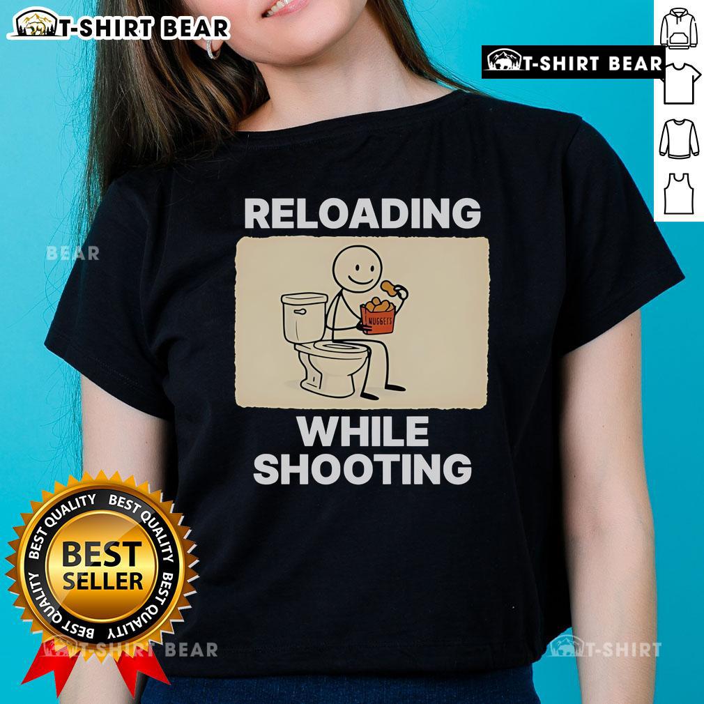 Official Reloading While Shooting Toilet Humor Ladies Tee featuring a playful design for gun enthusiasts and humor lovers.