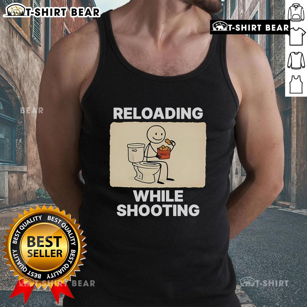 Official Reloading While Shooting Toilet Humor Tank Top featuring a humorous graphic for shooting enthusiasts.
