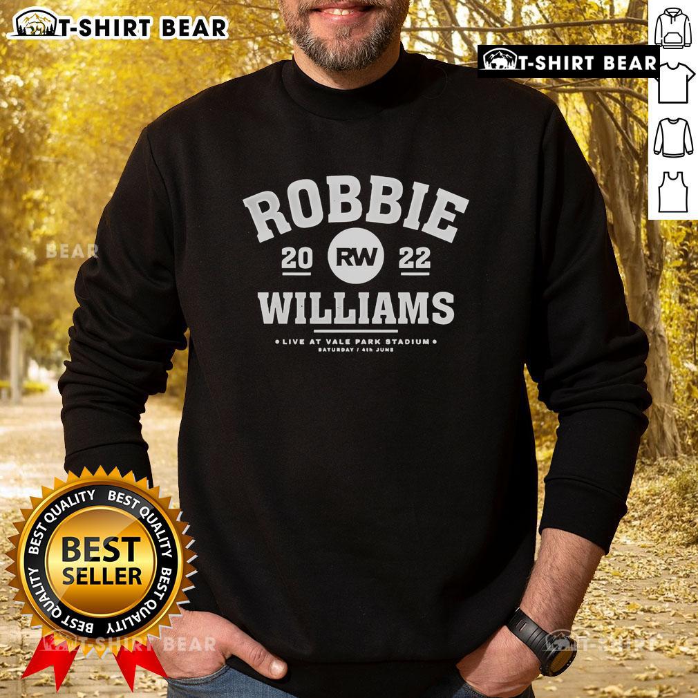 Official Robbie Williams Live at Vale Park Stadium sweatshirt, featuring vibrant design and concert details from June 4th.