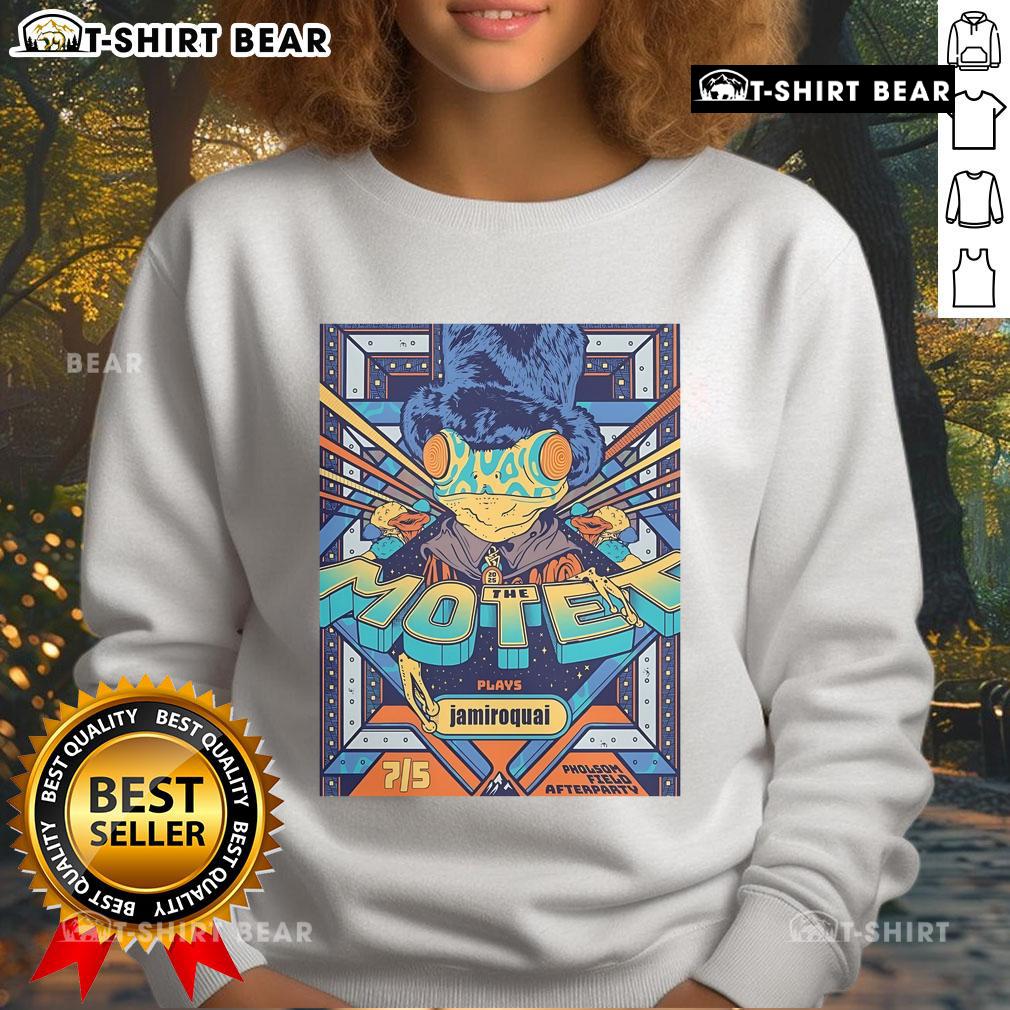 Alt Text: Official The Motet Boulder Theater 2025 sweatshirt featuring vibrant design and tour details, perfect for fans.