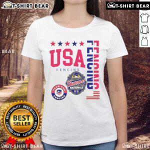 Official USA Fencing Summer Nationals 2025 logo on a ladies tee, Milwaukee, Wisconsin design.