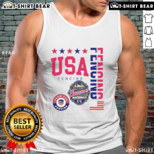 Alt Text: Official USA Fencing Summer Nationals 2025 logo on a tank top, featuring Milwaukee Wisconsin design elements.