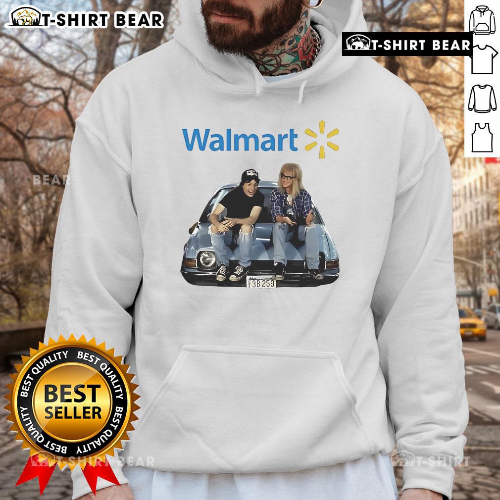 Alt Text: Official Waynes World Walmart Logo Hoodie featuring iconic design, perfect for fans of the classic comedy film.