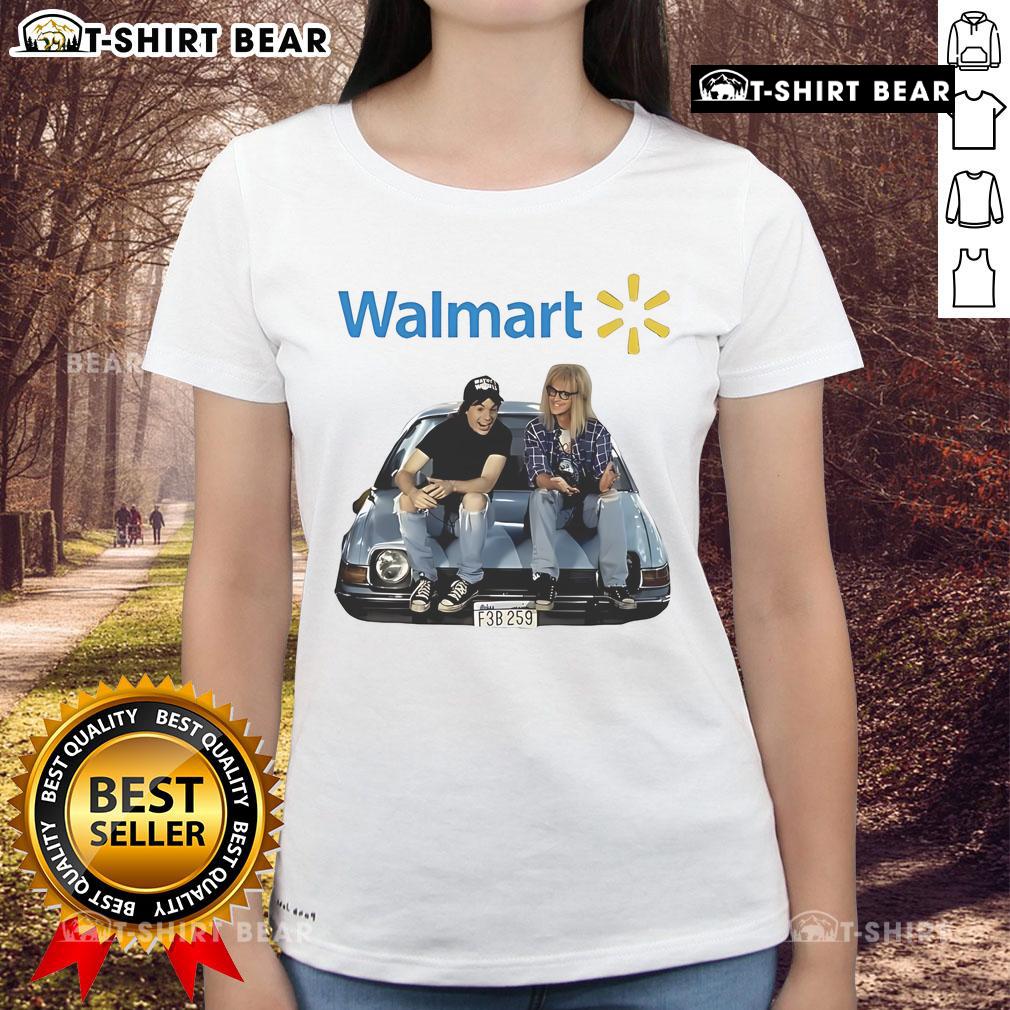 Official Waynes World Walmart Logo Ladies Tee featuring a trendy design for fans of the iconic movie, perfect for casual wear.