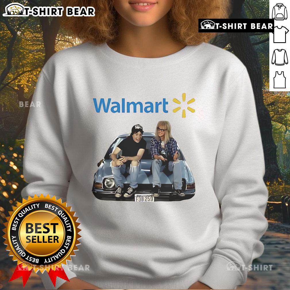 Official Waynes World Walmart Logo Sweatshirt featuring iconic logo design on a cozy black fabric.
