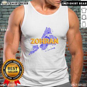 Official Zohran Mamdani map design on a NYC tank top, showcasing vibrant graphics and urban culture.