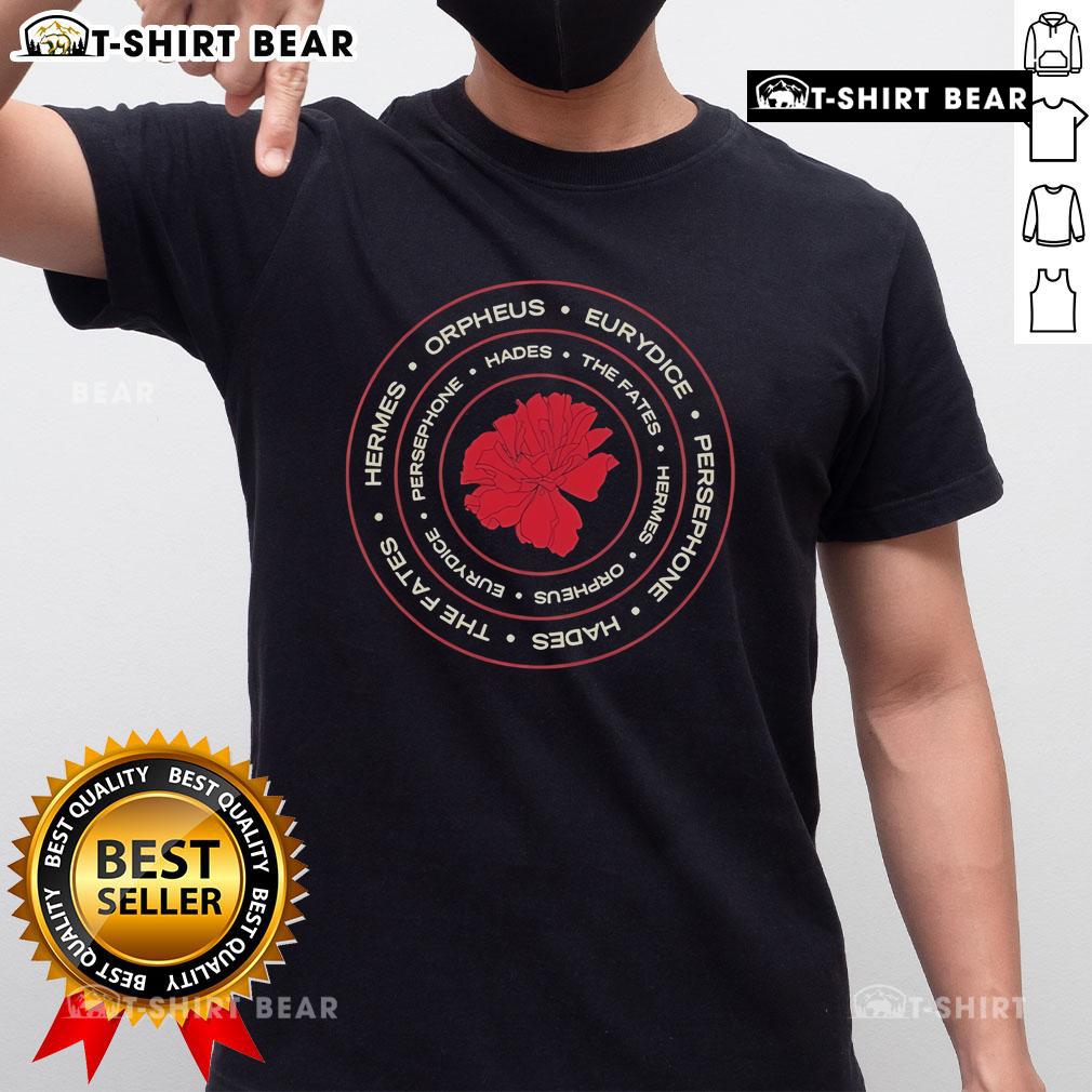 Original Hadestown Names T-Shirt featuring character names from the musical, perfect for theater fans and collectors.