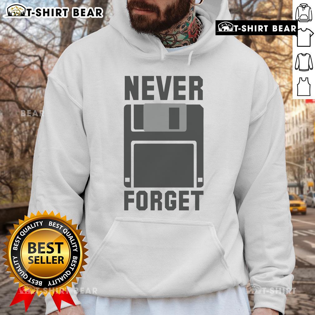Original Never Forget Floppy Disk New Hoodie featuring retro design and vibrant colors, perfect for tech enthusiasts.