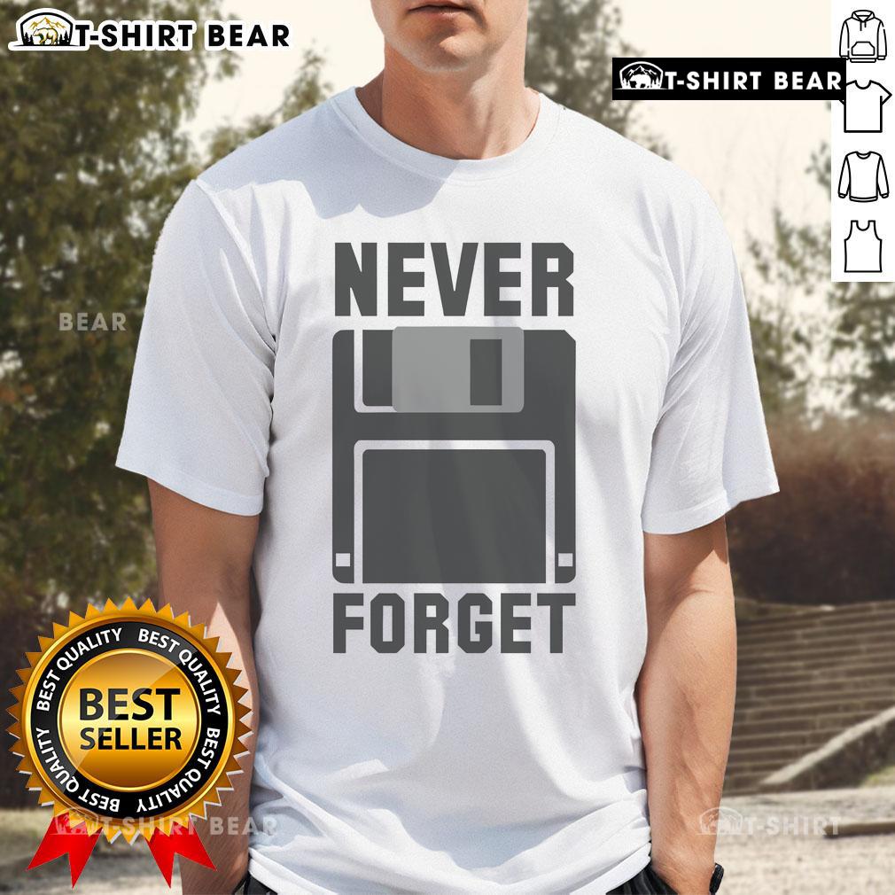 Alt Text: Original Never Forget Floppy Disk T-Shirt featuring retro design, perfect for tech enthusiasts and nostalgia lovers.