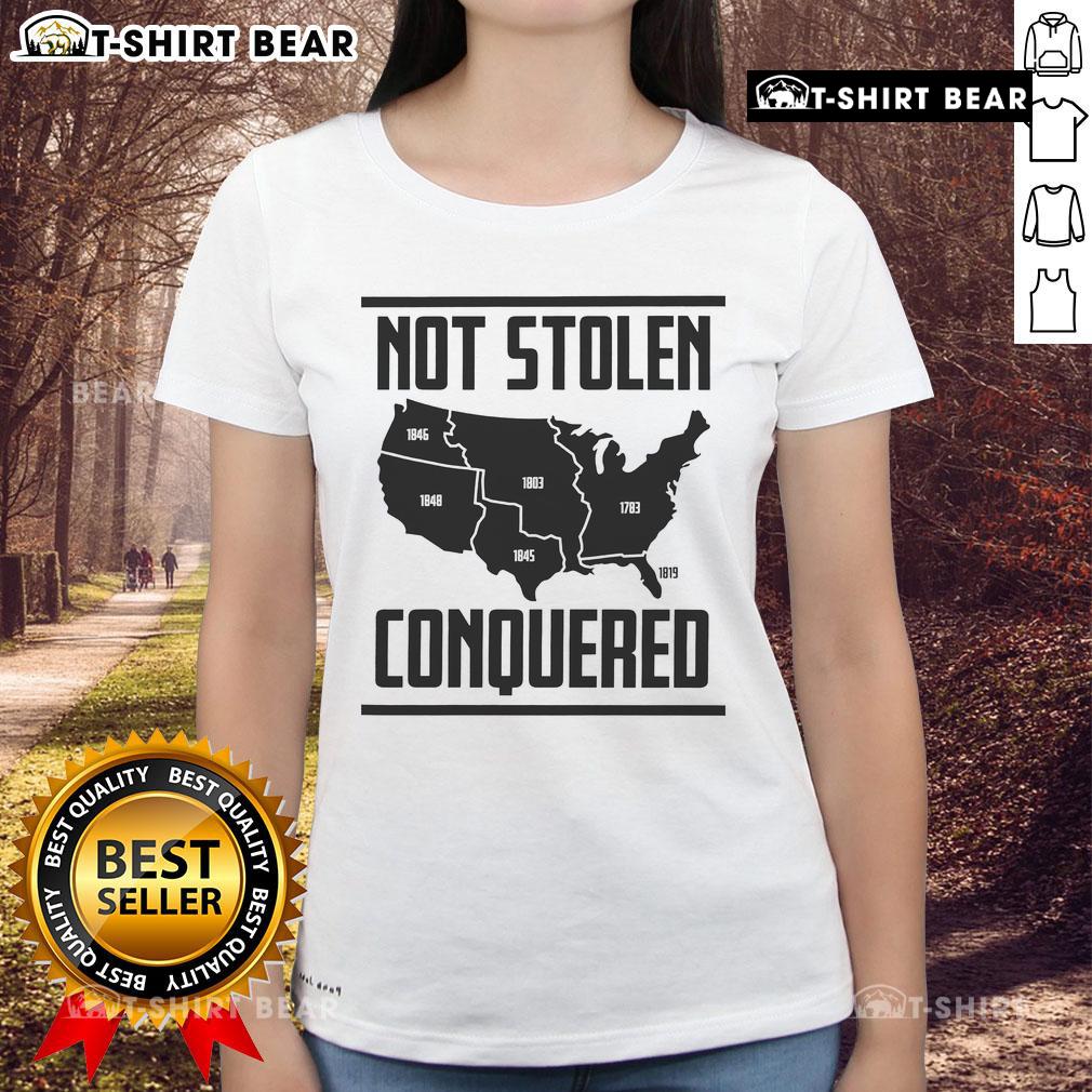 Original Not Stolen Conquered America Map Ladies Tee featuring a vintage-style map design and vibrant colors.