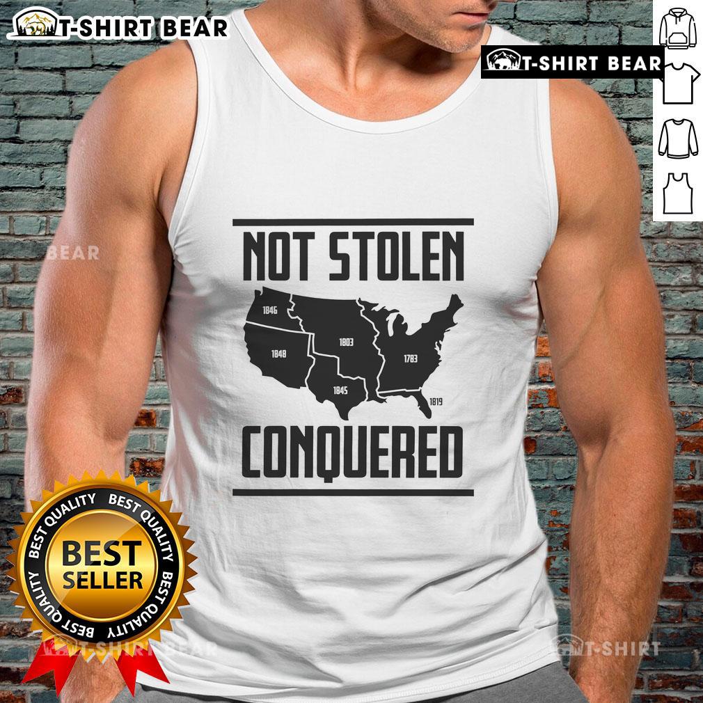 Original Not Stolen Conquered America Map Tank Top featuring a bold map design, perfect for patriotic fashion enthusiasts.