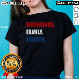 Premium Fireworks Family Fourth Ladies Tee featuring vibrant fireworks design for festive Fourth of July celebrations.
