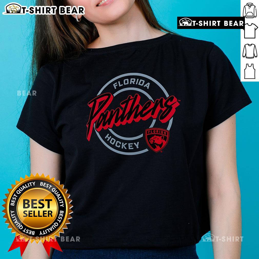 Premium Florida Panthers Hockey Colorblock Puck Logo Ladies Tee featuring vibrant team colors and stylish design.