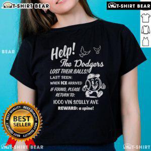 Premium ladies tee featuring Dodgers logo with a playful message about lost balls, perfect for baseball fans.