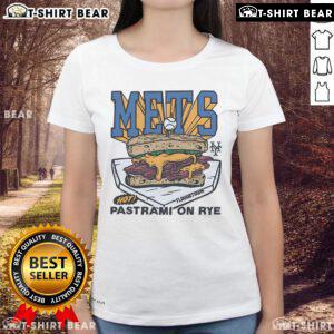 Alt Text: Premium MLB X Flavortown New York Mets Pastrami on Rye Ladies Tee showcasing vibrant design and comfortable fit.