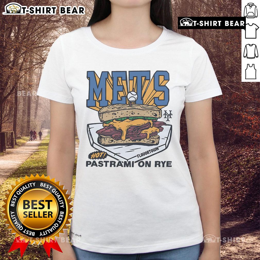 Alt Text: Premium MLB X Flavortown New York Mets Pastrami on Rye Ladies Tee showcasing vibrant design and comfortable fit.