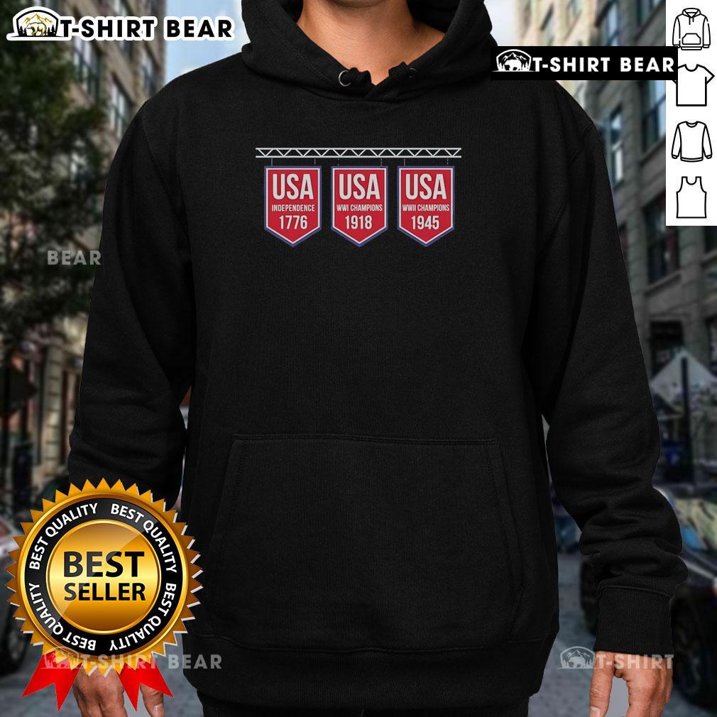 Premium USA Banner Hoodie featuring historical years 1776, 1918, and 1945, perfect for patriotic fashion lovers.