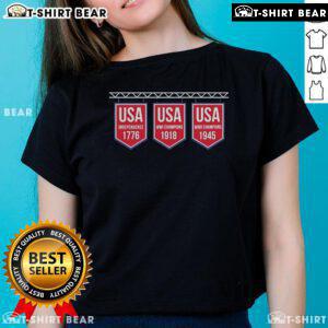 Premium USA Banner Tee for ladies featuring historic dates 1776, 1918, and 1945, perfect for patriotic fashion.