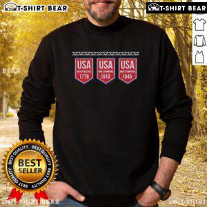 Alt Text: Premium USA Banner Sweatshirt featuring historical years 1776, 1918, and 1945, perfect for patriotic fashion.