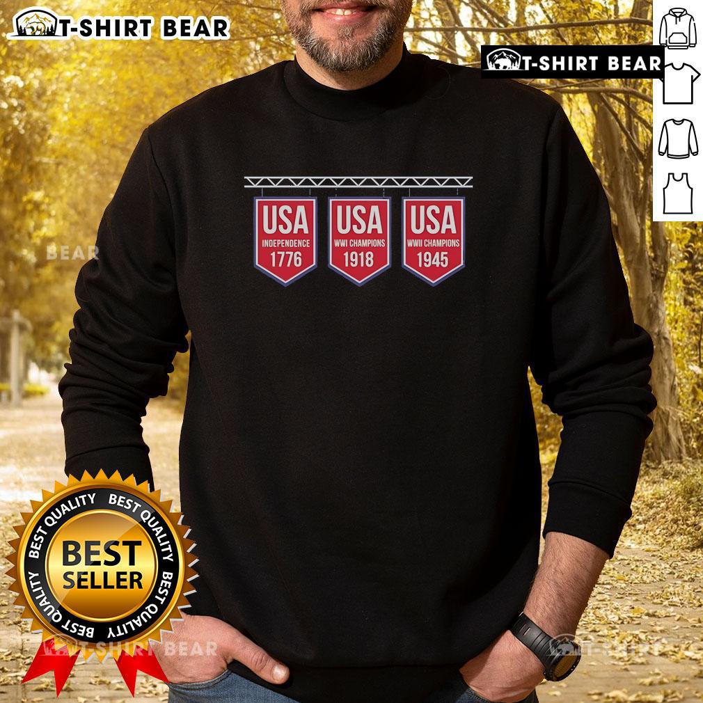 Alt Text: Premium USA Banner Sweatshirt featuring historical years 1776, 1918, and 1945, perfect for patriotic fashion.