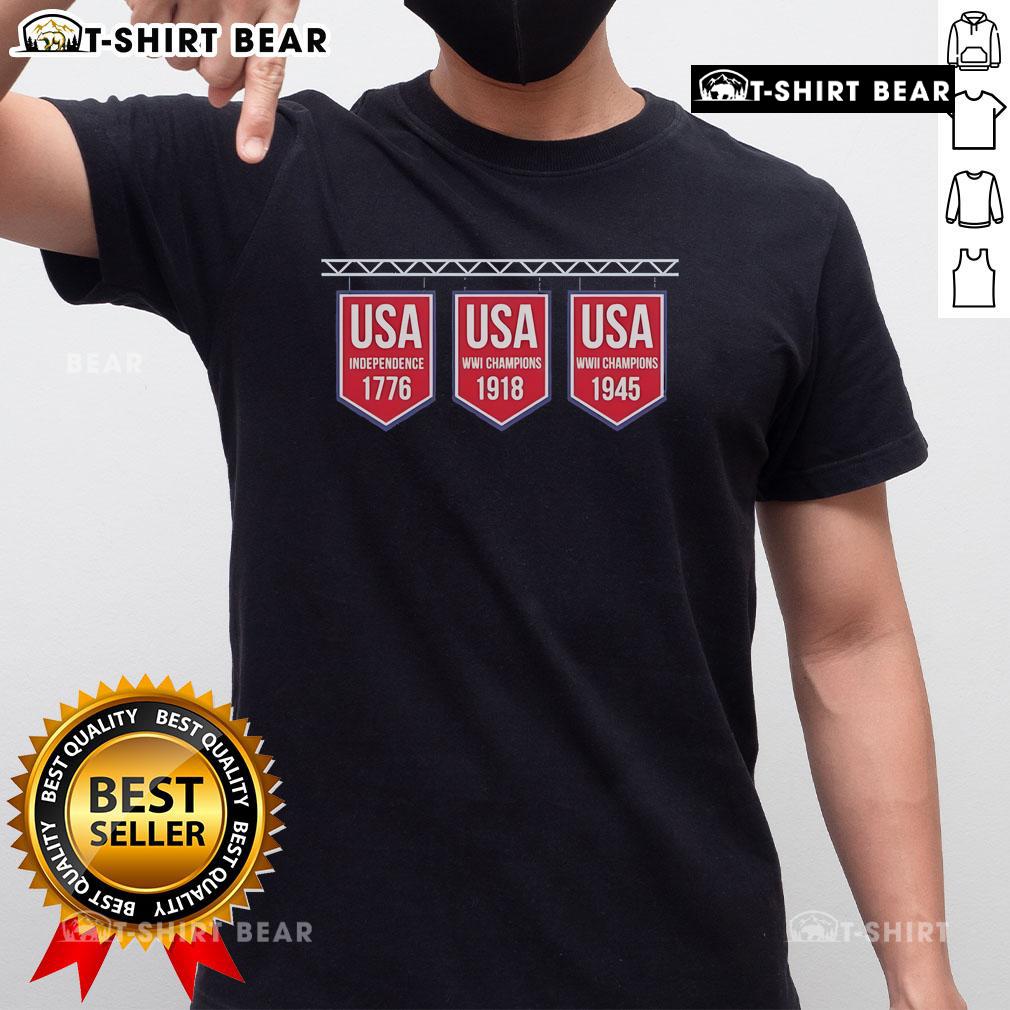 Alt Text: Premium USA Banner 1776-1918-1945 T-Shirt featuring patriotic design and historical dates in bold colors.