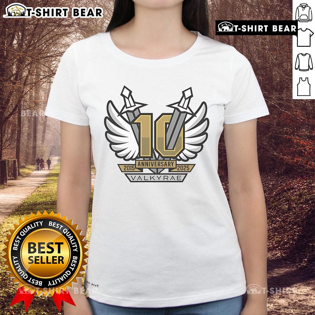 Premium Valkyrae 10-Year Anniversary 2015-2025 Swords Ladies Tee featuring a stylish design for gamers and fans.