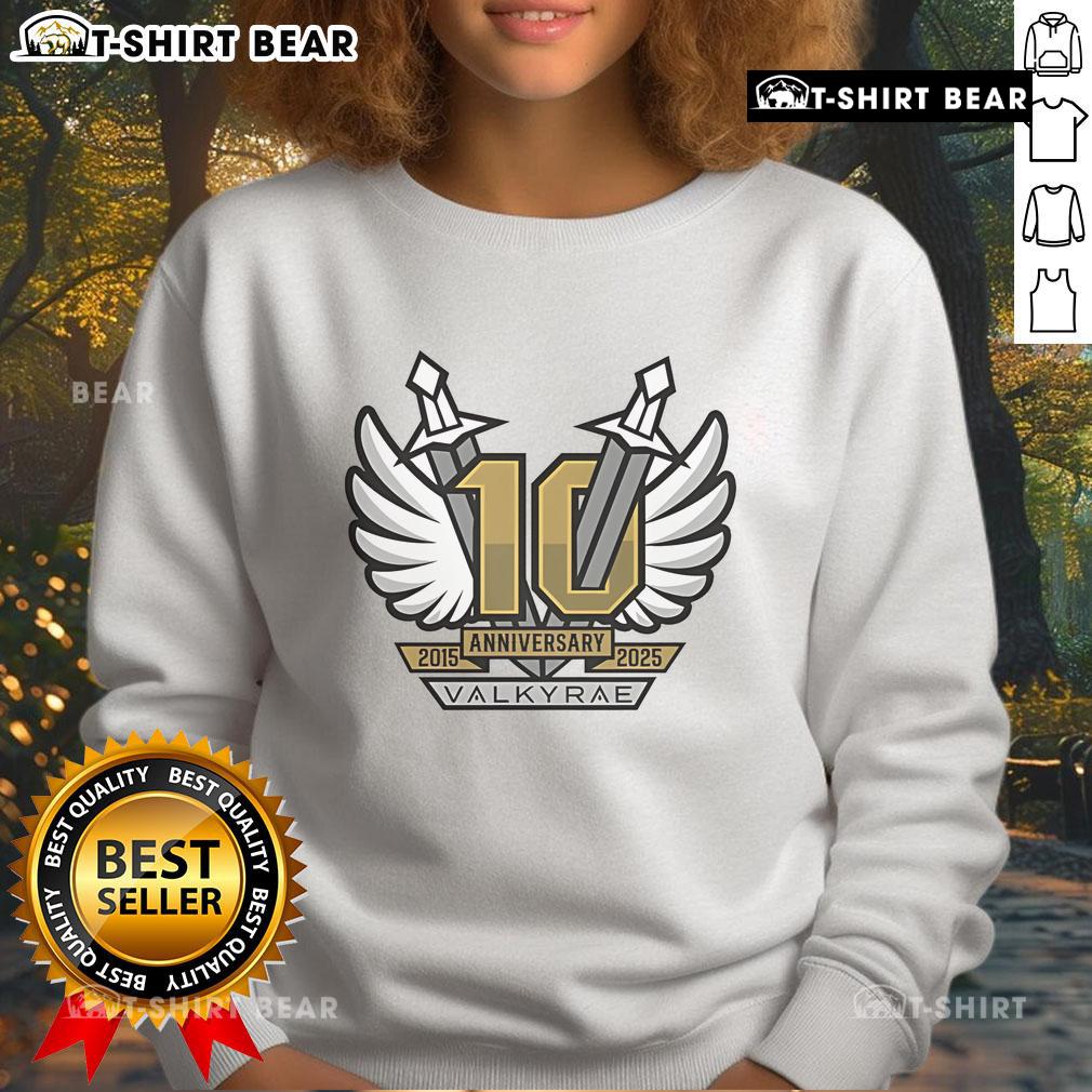 Alt Text: Premium Valkyrae 10 Year Anniversary sweatshirt featuring swords design, celebrating 2015-2025 gaming culture.