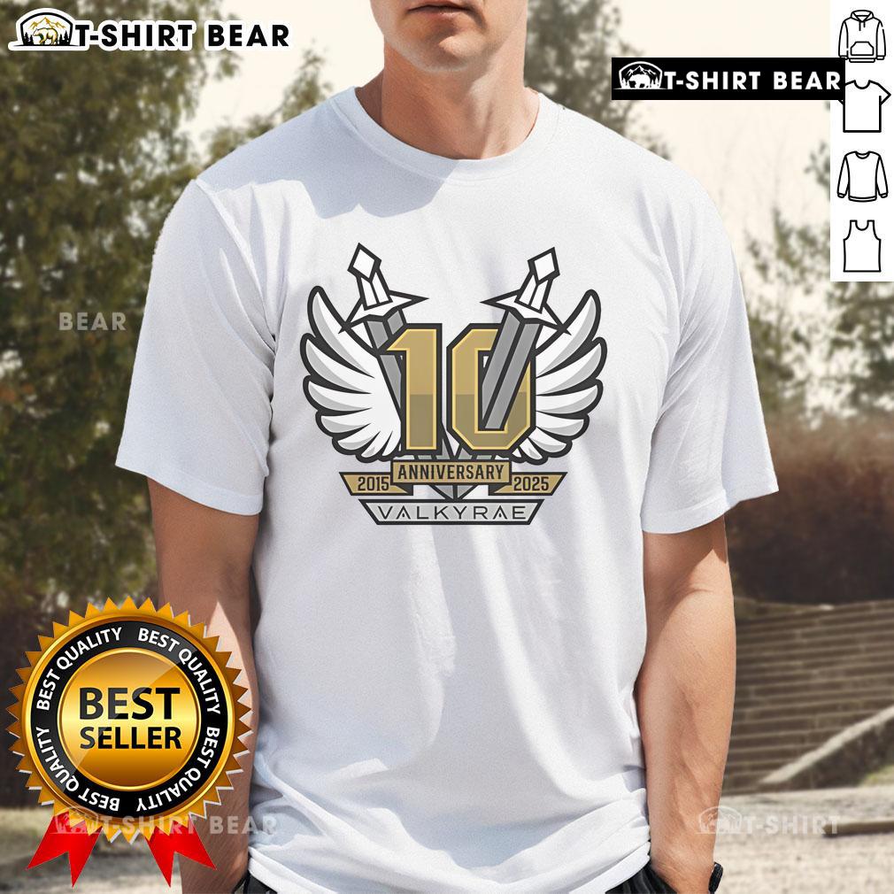 Premium Valkyrae 10 Year Anniversary 2015-2025 Swords T-Shirt featuring a stylish design for fans and collectors.