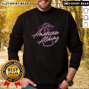 Pretty American Alchemy UFO neon logo sweatshirt featuring vibrant colors and unique graphic design.