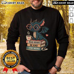 Alt Text: Cozy sweatshirt featuring pretty dragons and books design, perfect for kind and weird book lovers.