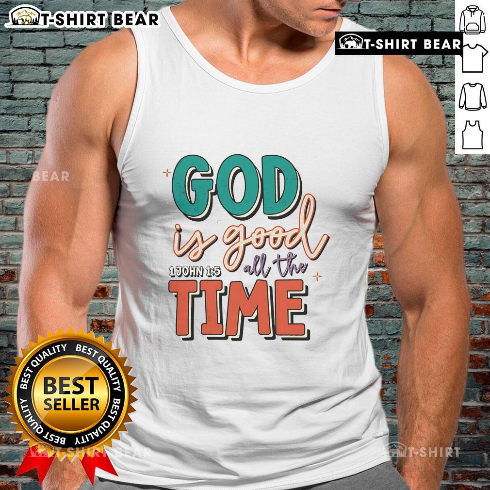 Alt Text: Stylish 'Pretty God Is Good All The Time' tank top featuring a bold graphic design, perfect for casual wear.
