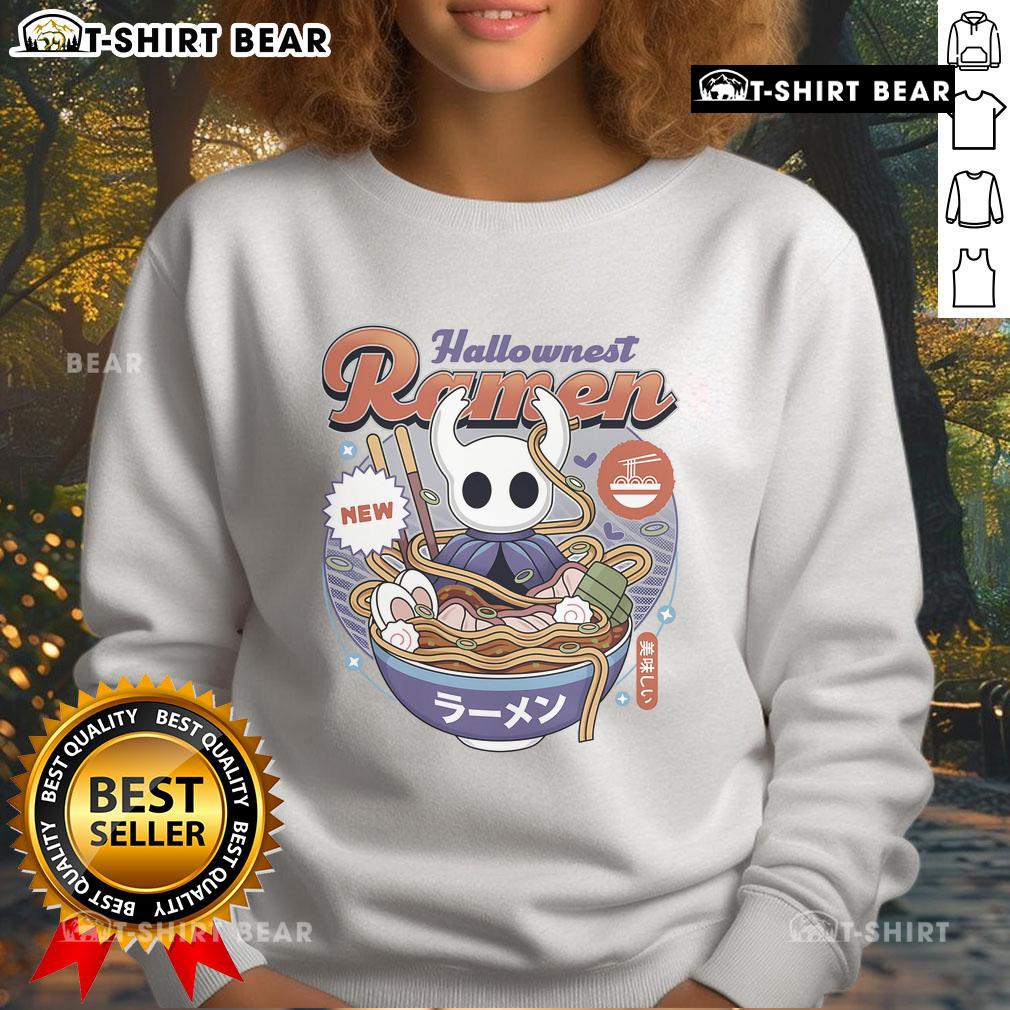 Vintage sweatshirt featuring Pretty Hollow Knight Hallownest ramen design, perfect for gamers and fans of the indie game.