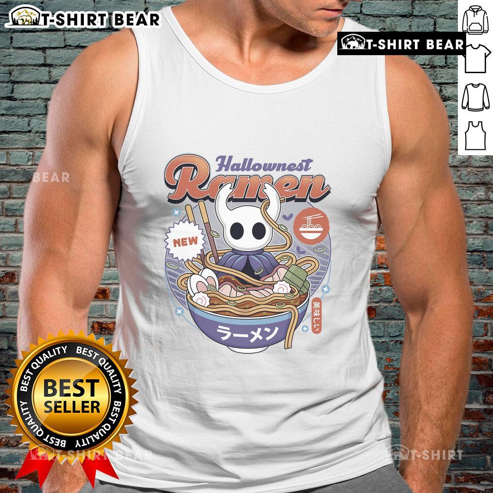 Vintage tank top featuring Pretty Hollow Knight Hallownest ramen design, perfect for fans of the game and stylish apparel.